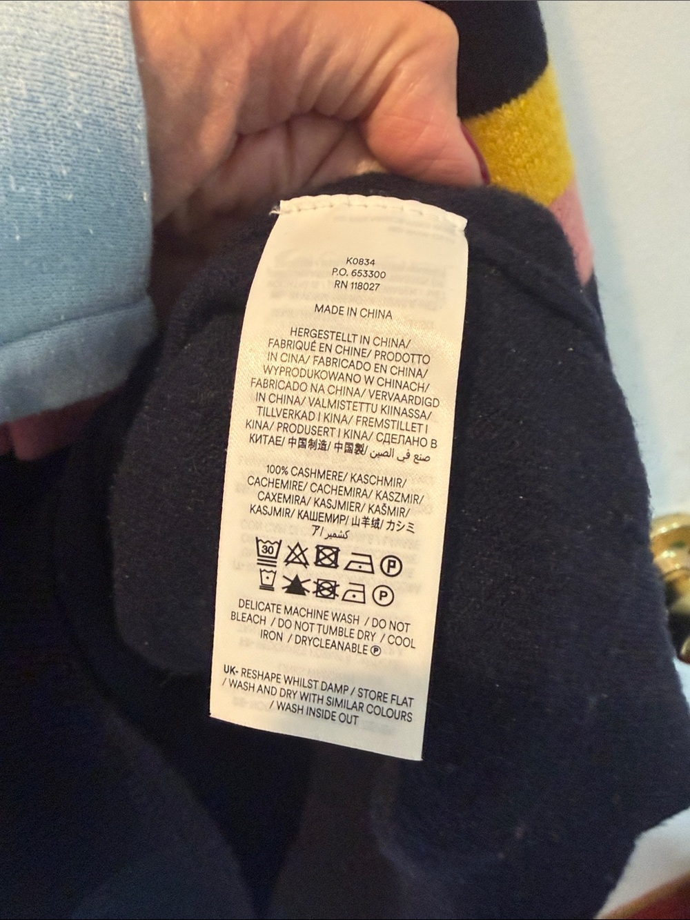 Boden cashmere Navy Crewneck Sweater with Pink, Red and Yellow Stripes - Picture 4 of 5